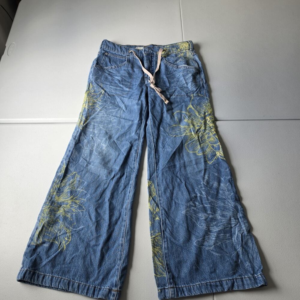Pilcro Jeans Womens 27P Blue Light Wash High Rise Wide Leg Floral Tie Waist
